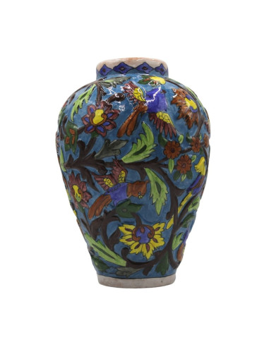 Vaso Azzurro in Terracotta con Disegni Floreali in Rilievo H 40 cm